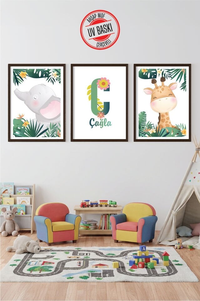 UV Baskılı Çocuk Odası 3'lü Ahşap MDF Tablo Seti - V2 Ahşap - 35x50 cm