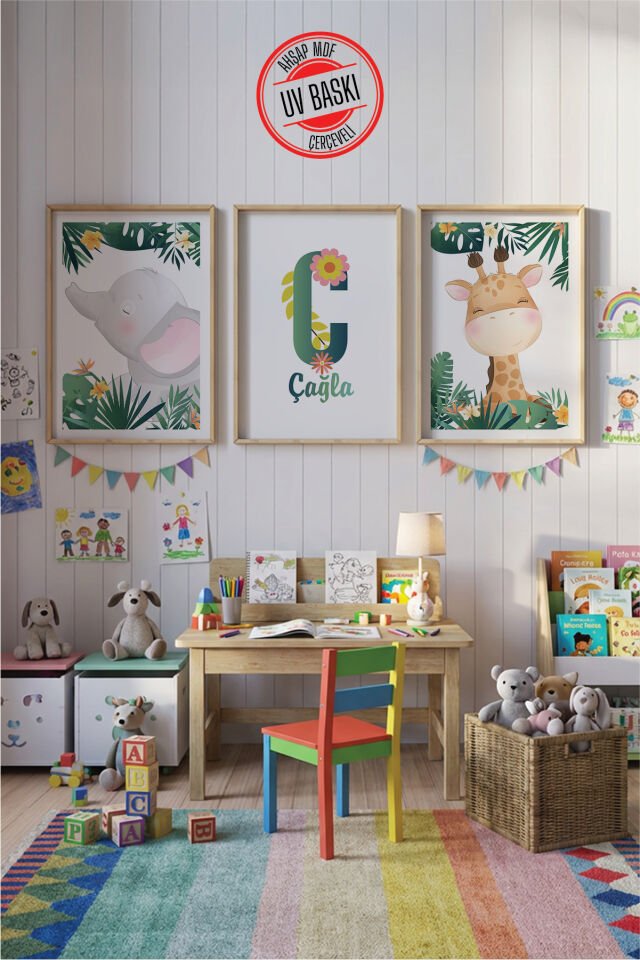 UV Baskılı Çocuk Odası 3'lü Ahşap MDF Tablo Seti - V2 Ahşap - 50x70 cm