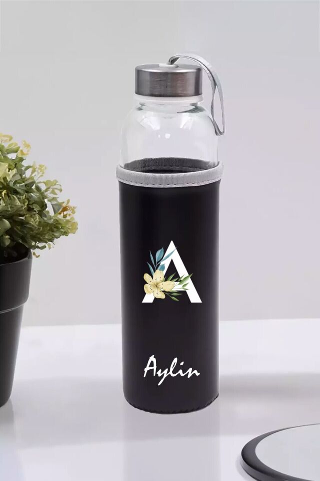 Kişiye Özel Kılıflı Cam Matara , Özelleştirilebilir Tekli Kılıflı Cam Matara 470 ML Borosilikat