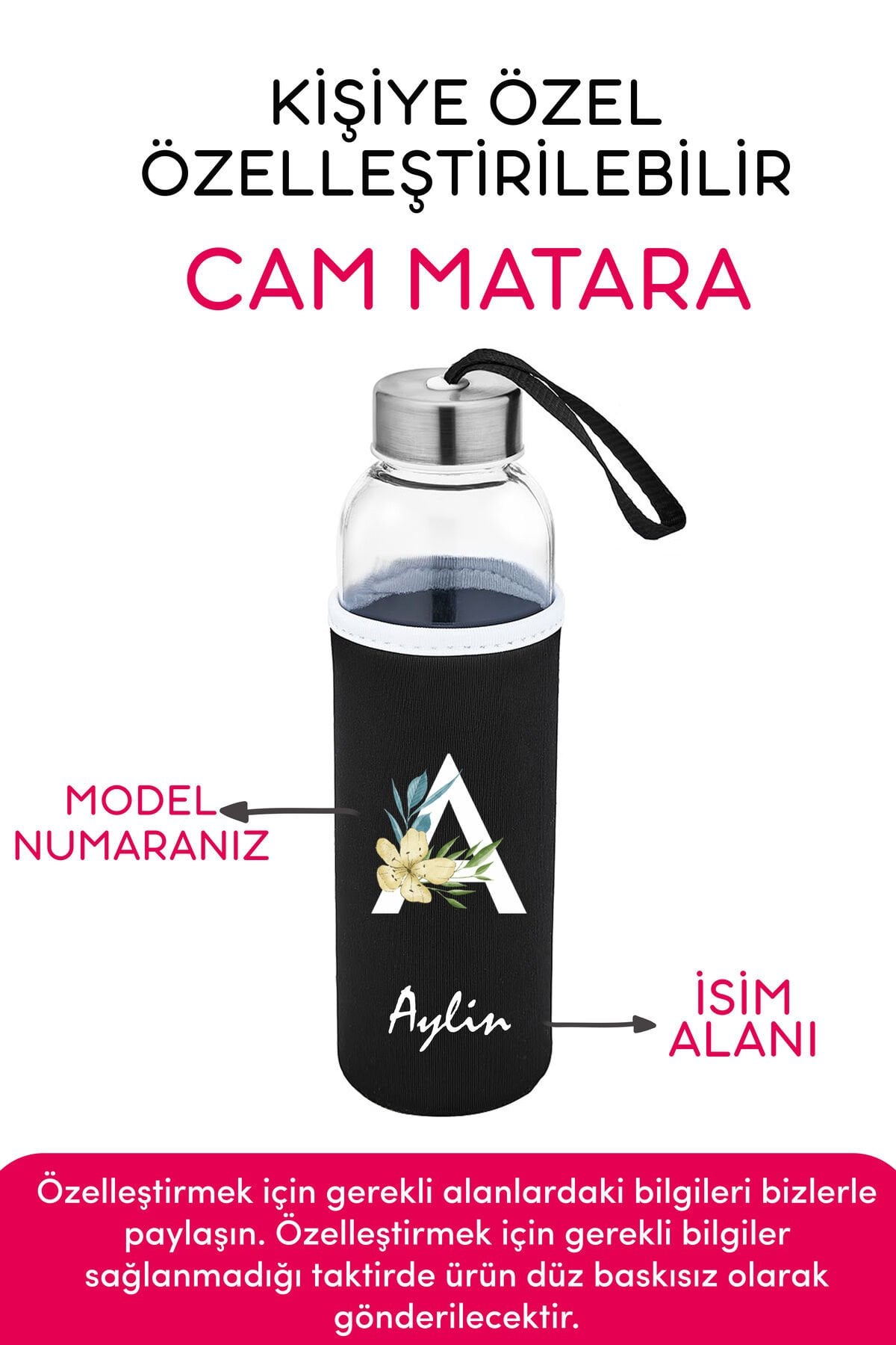 Kişiye Özel Kılıflı Cam Matara , Özelleştirilebilir Tekli Kılıflı Cam Matara 470 ML Borosilikat