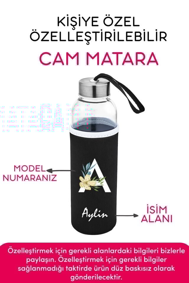 Kişiye Özel Kılıflı Cam Matara , Özelleştirilebilir Tekli Kılıflı Cam Matara 470 ML Borosilikat