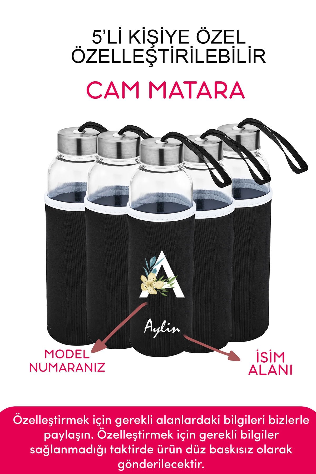 Kişiye Özel Kılıflı Cam Matara , Özelleştirilebilir 5li Kılıflı Cam Matara 470 ML Borosilikat