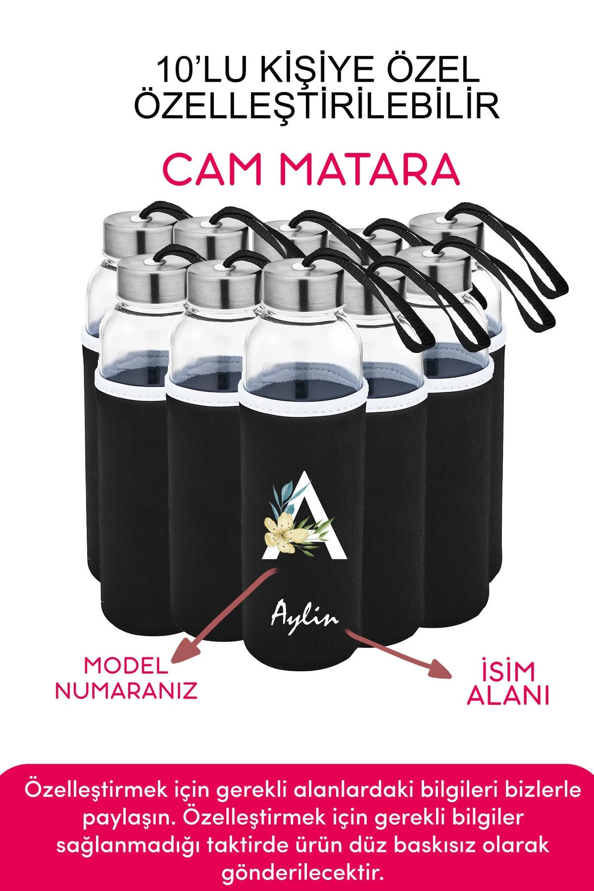 Kişiye Özel Kılıflı Cam Matara , Özelleştirilebilir 10lu Kılıflı Cam Matara 470 ML Borosilikat