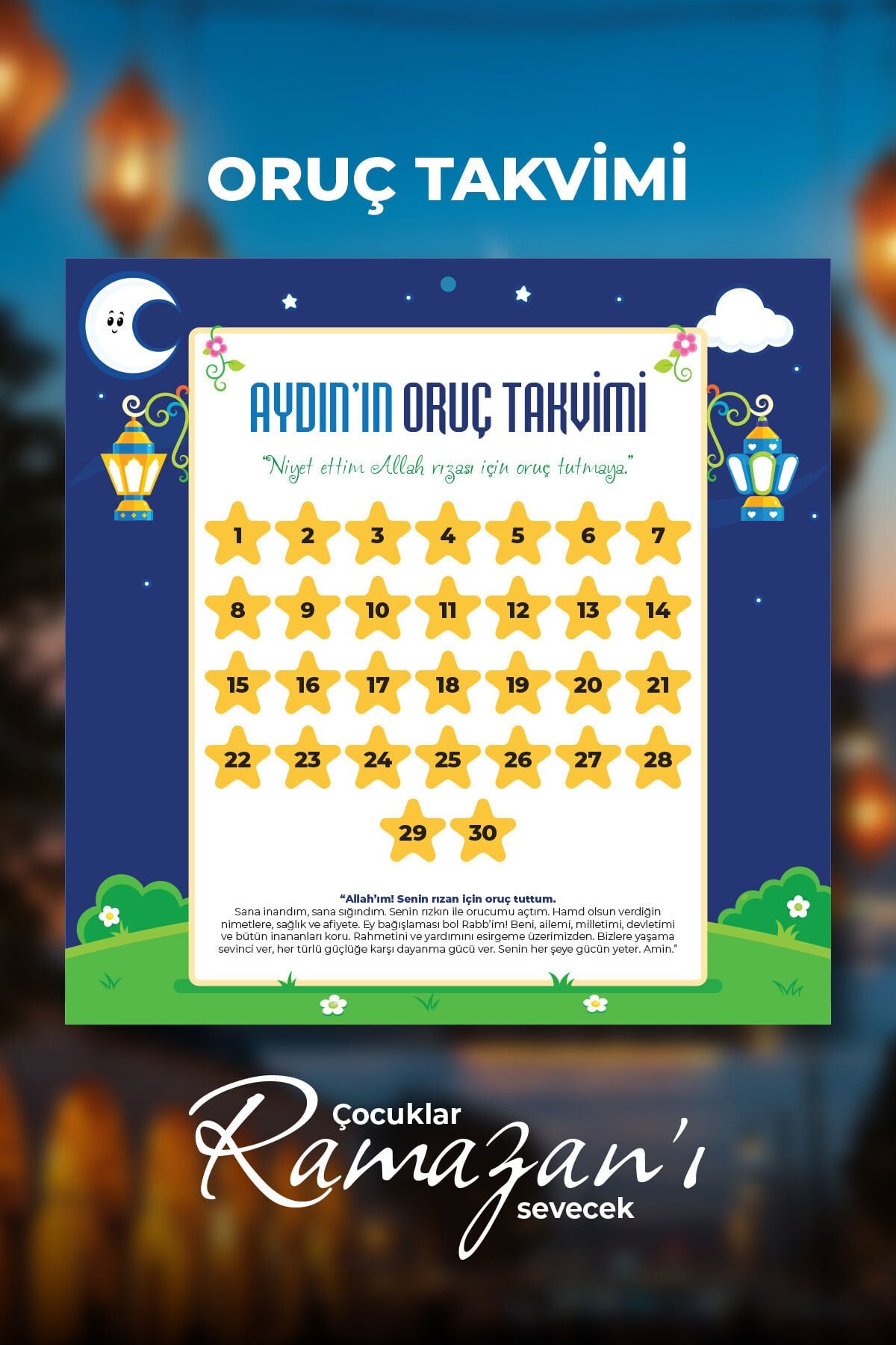 Kişiye Özel Oruç Takvimi – Mıknatıslı Yıldızlı Ramazan Çocuk Takvimi Panosu Erkek - 30x30