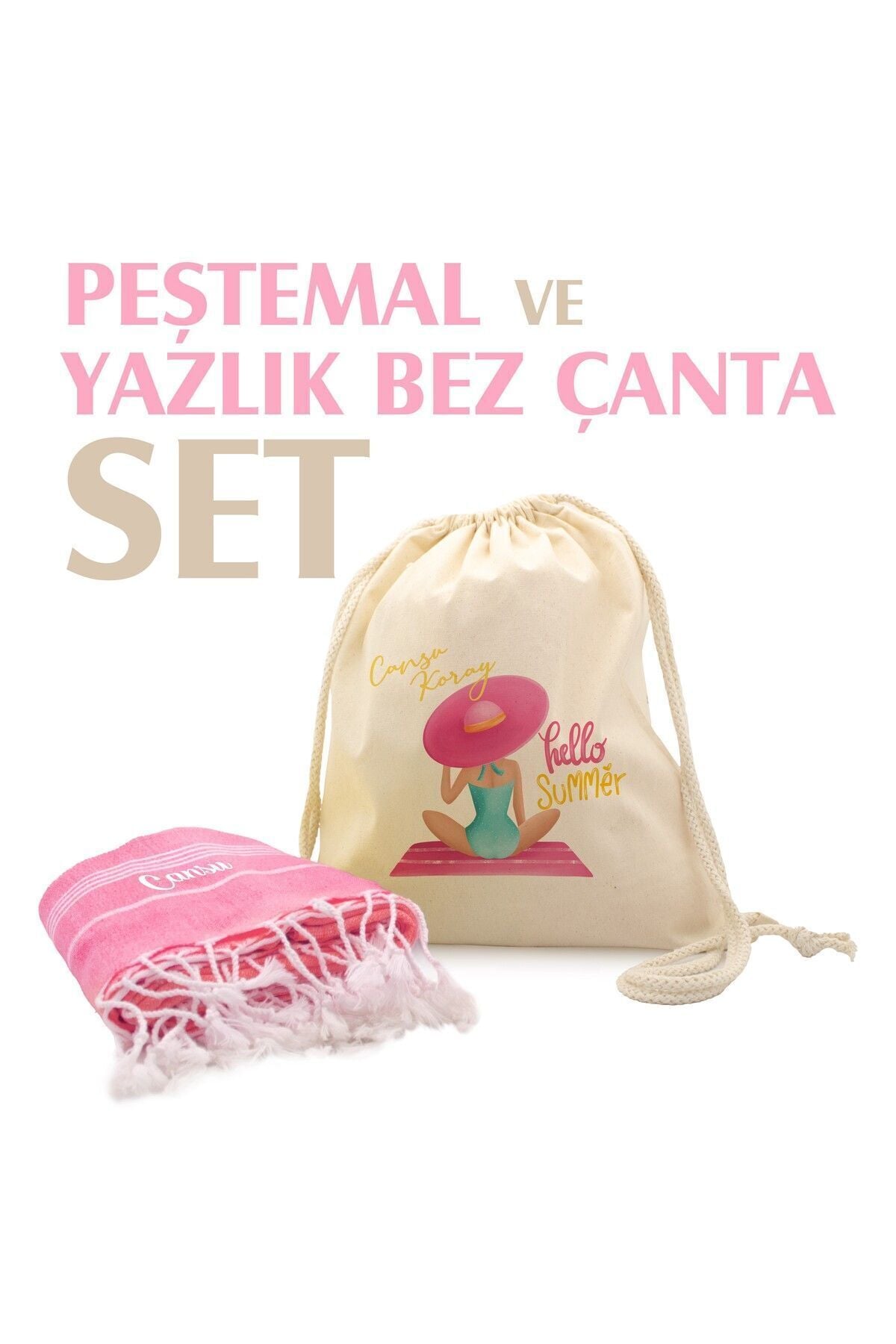 Kişiye Özel Pamuk Peştamal ve Yaza Özel Çanta Seti , Özelleştirilebilir Yazlık Çanta Seti İsme Özel