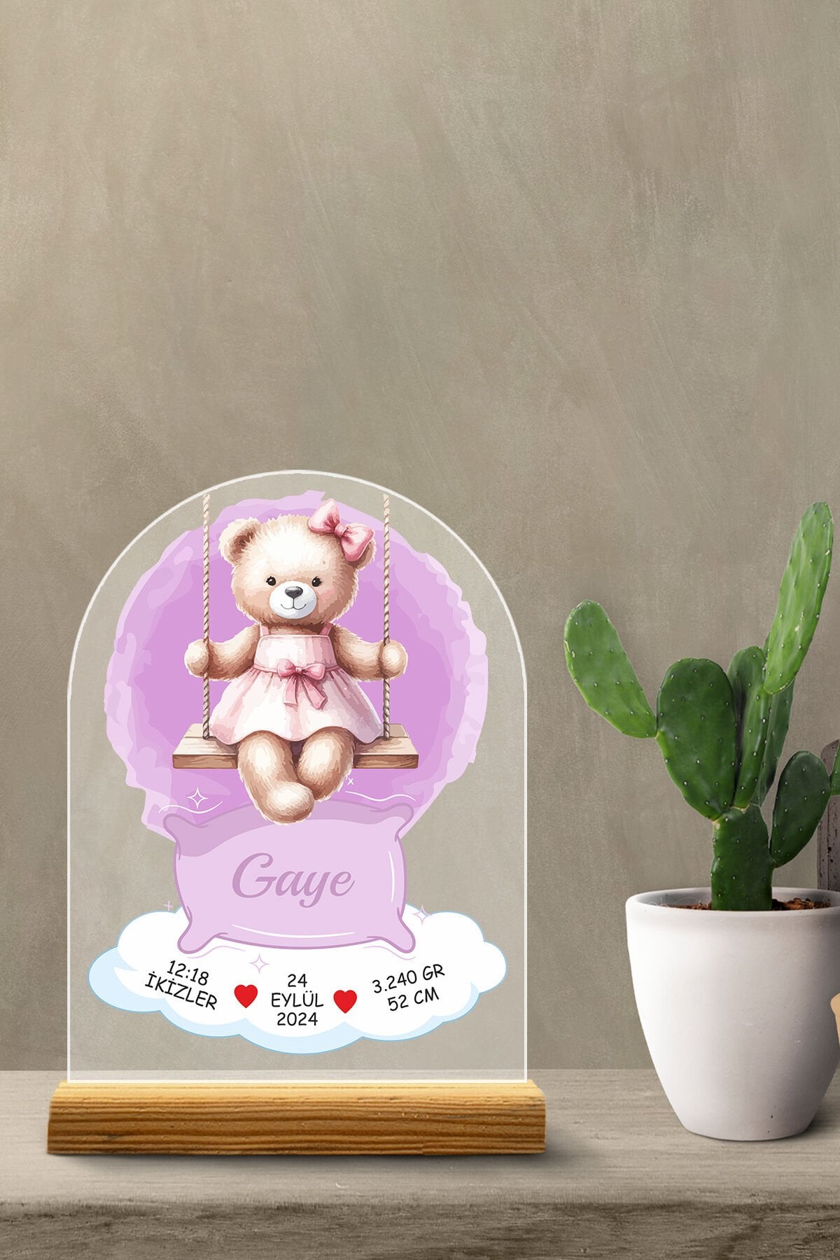 Kişiye Özel Pleksi Bebek Doğum Bilgileri Tablosu – Özel Tasarım Sevimli Ayıcık Model Kız