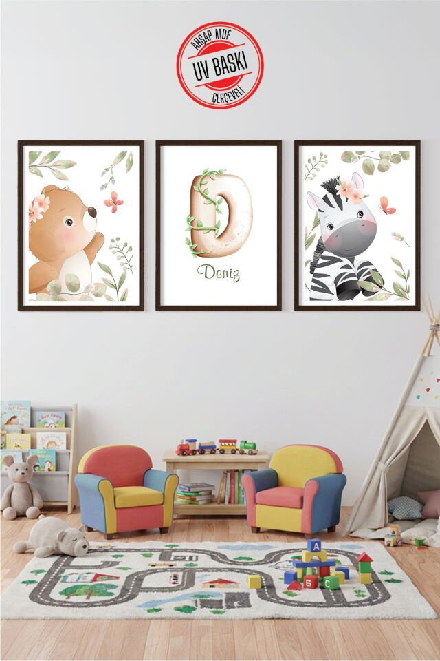 UV Baskılı Çocuk Odası 3'lü Ahşap MDF Tablo Seti - V7 50x70 cm - Siyah