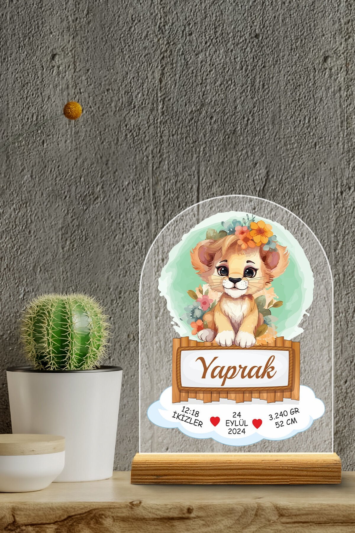 Kişiye Özel Pleksi Bebek Doğum Bilgileri Tablosu – Sevimli Aslanlı Tasarım Kız