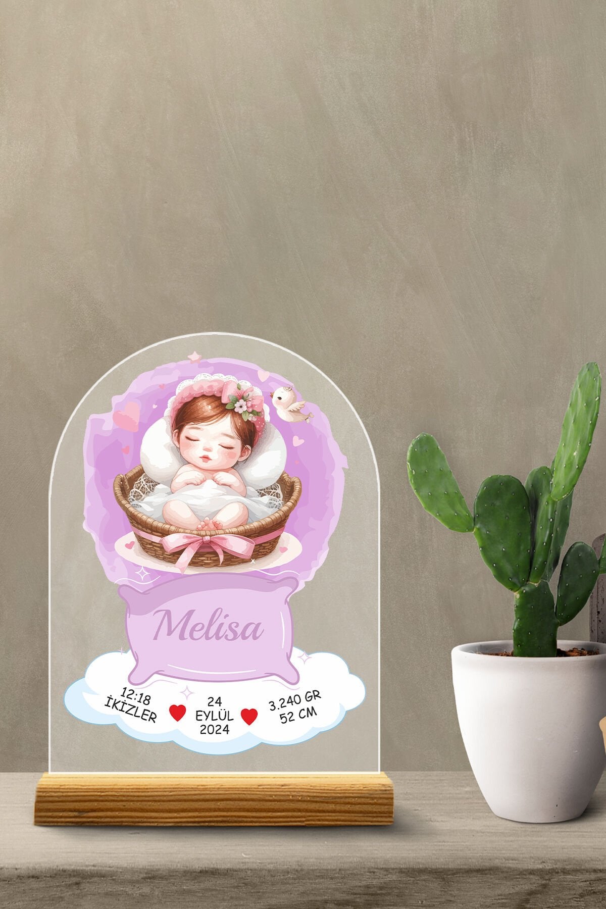 Kişiye Özel Pleksi Bebek Doğum Bilgileri, Erkek ve Kız Çocuk – Özel Tasarım Uyuyan Bebek Konsepti Kız