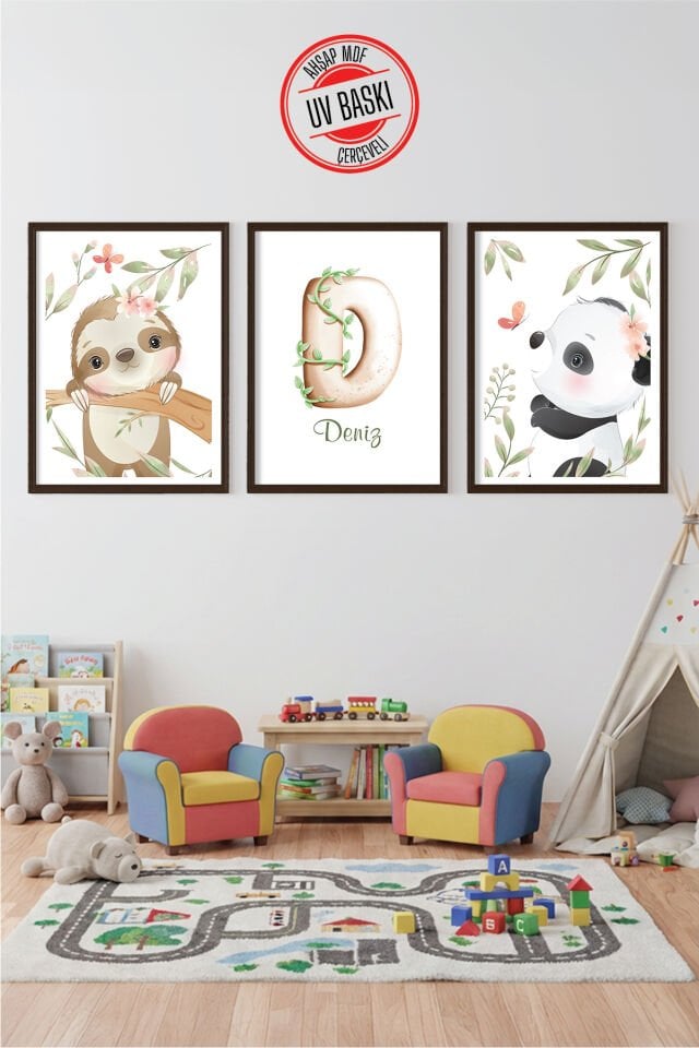 UV Baskılı Çocuk Odası 3'lü Ahşap MDF Tablo Seti - V8 Ahşap - 35x50 cm