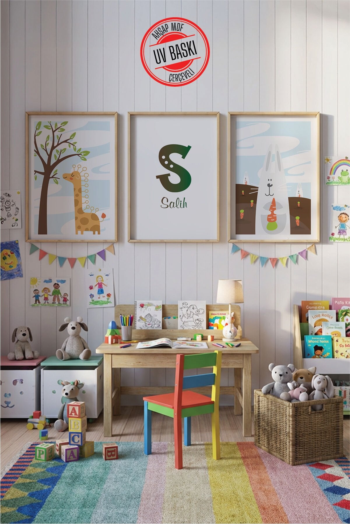 UV Baskılı Çocuk Odası 3'lü Ahşap MDF Tablo Seti - V9