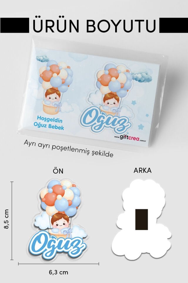 Kişiye Özel Renkli Balon Temalı 17 Parça Yenidoğan Süs Seti - Kapı Süsü, Masa Süsü, Magnet Erkek