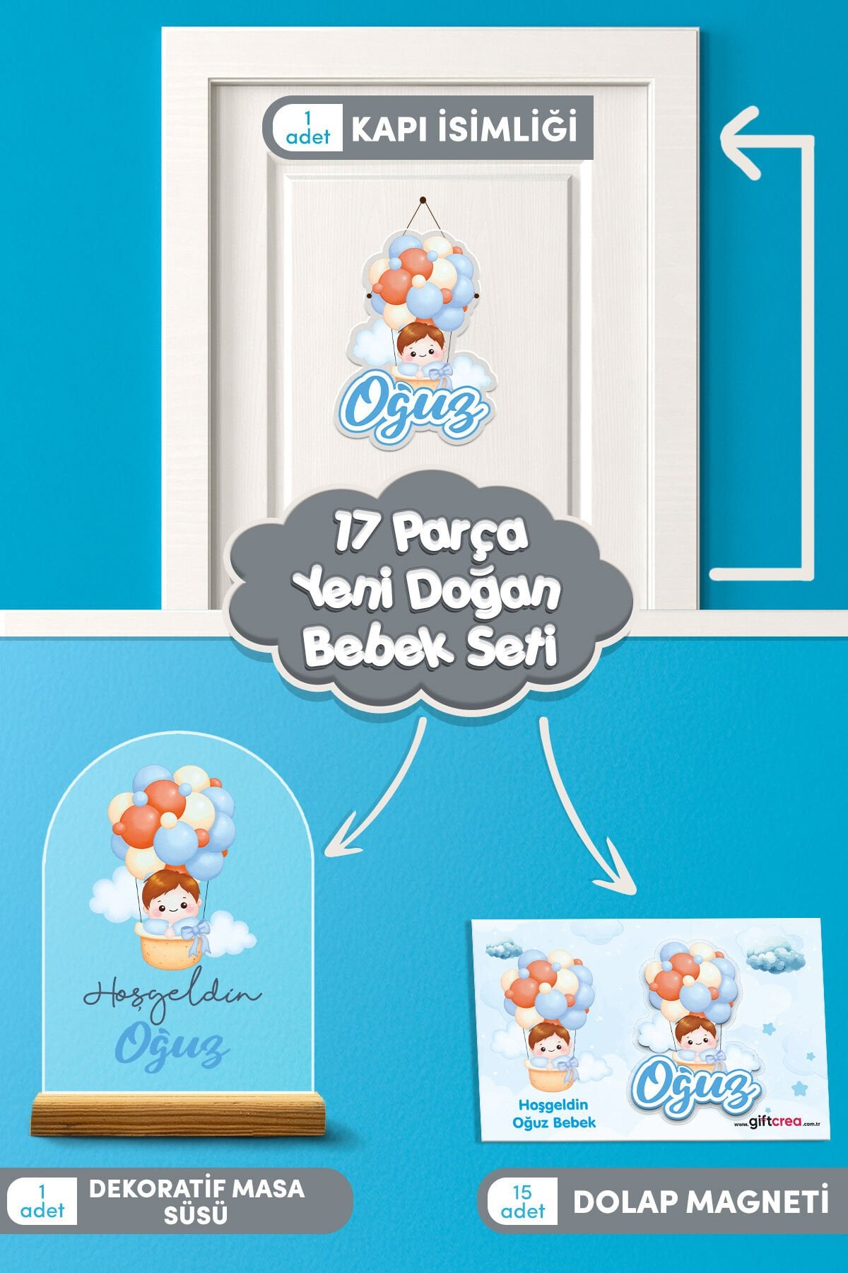 Kişiye Özel Renkli Balon Temalı 17 Parça Yenidoğan Süs Seti - Kapı Süsü, Masa Süsü, Magnet Erkek