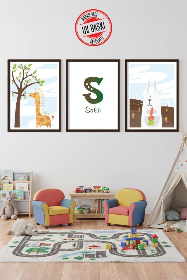 UV Baskılı Çocuk Odası 3'lü Ahşap MDF Tablo Seti - V9 Ahşap - 35x50 cm