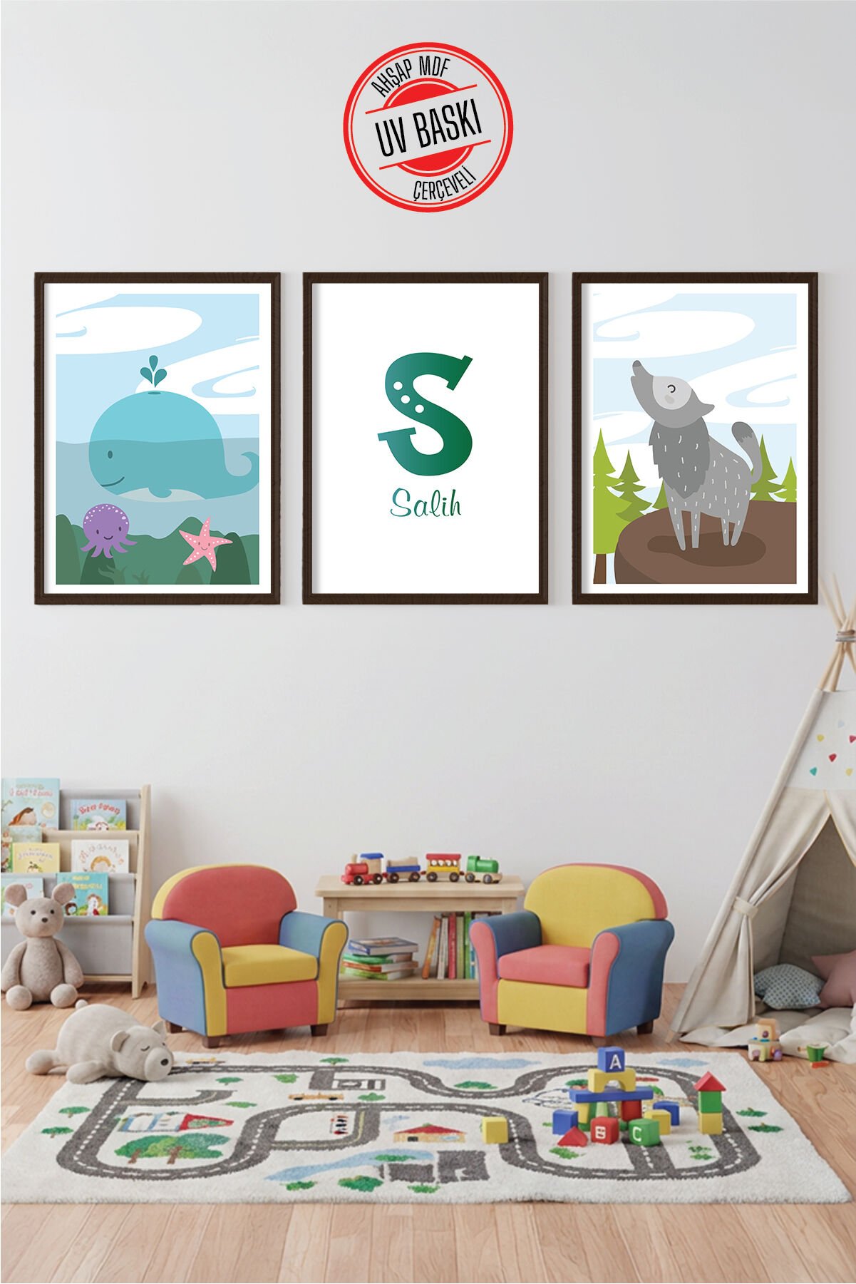 UV Baskılı Çocuk Odası 3'lü Ahşap MDF Tablo Seti - V10 50x70 cm - Siyah