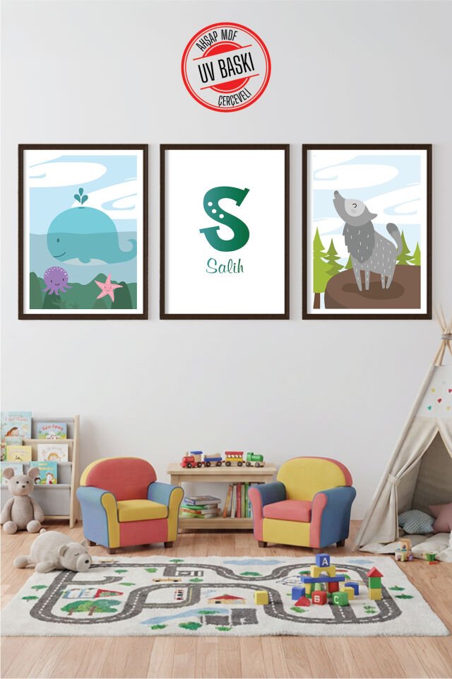 UV Baskılı Çocuk Odası 3'lü Ahşap MDF Tablo Seti - V10 50x70 cm - Siyah