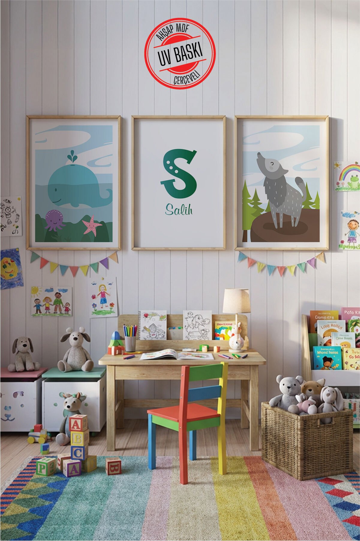UV Baskılı Çocuk Odası 3'lü Ahşap MDF Tablo Seti - V10 Ahşap - 50x70 cm