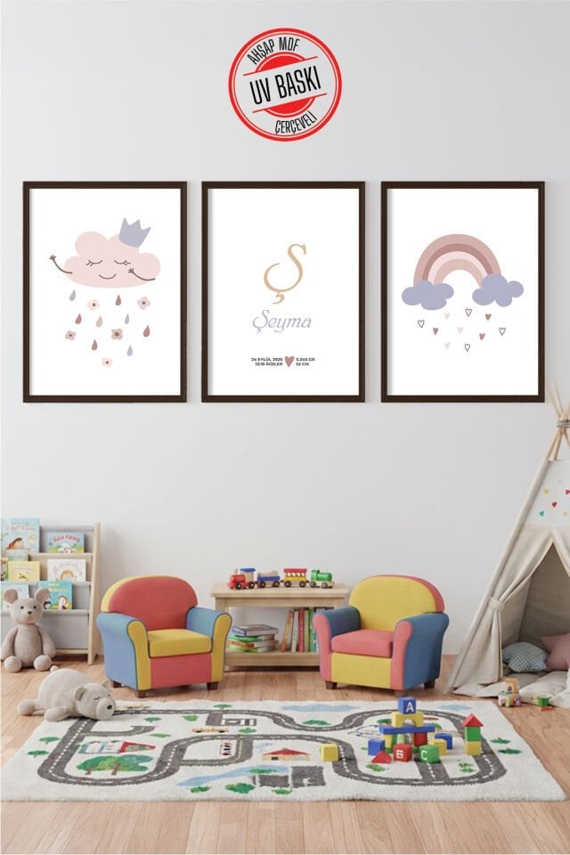 UV Baskılı Çocuk Odası 3'lü Ahşap MDF Tablo Seti - V11 50x70 cm - Siyah
