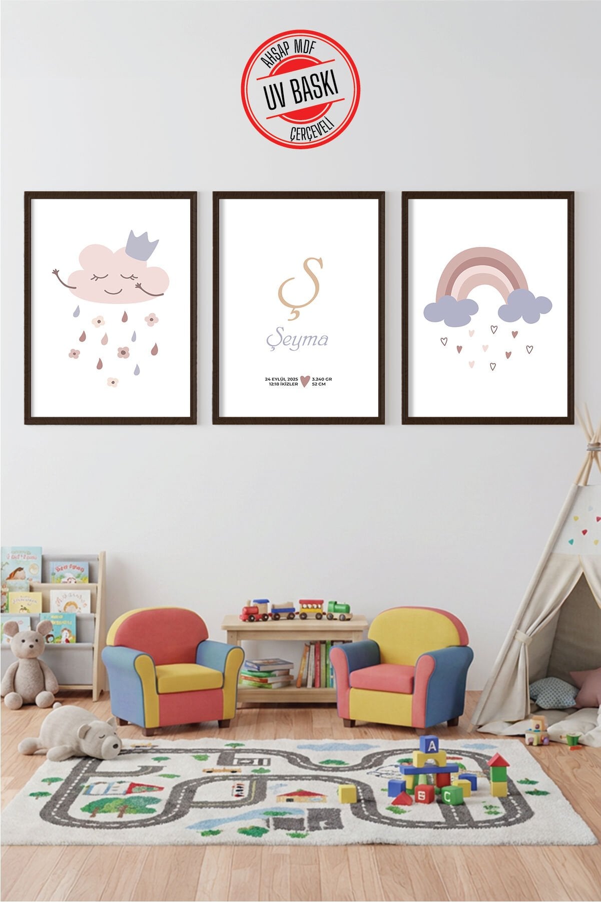UV Baskılı Çocuk Odası 3'lü Ahşap MDF Tablo Seti - V11 Siyah - 35x50 cm