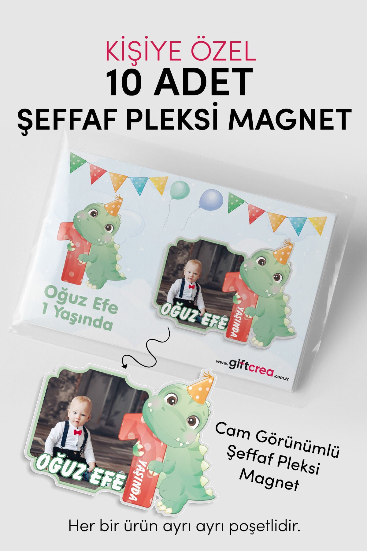 Kişiye Özel Şeffaf Pleksi Magnet – Dinozor Temalı Doğum Günü Hatırası (Her Yaşa Özel) 10 Adet