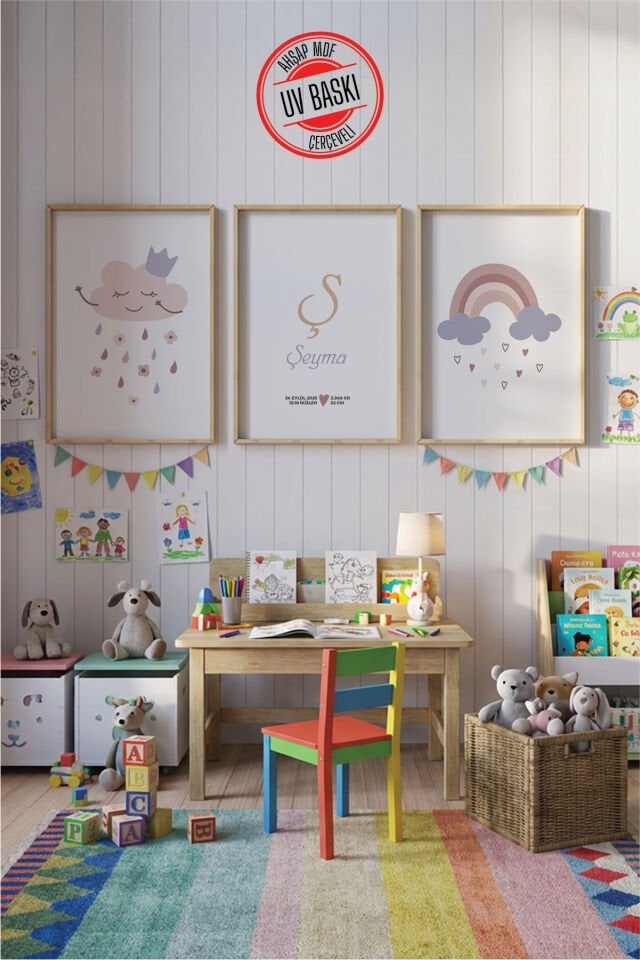 UV Baskılı Çocuk Odası 3'lü Ahşap MDF Tablo Seti - V11 Ahşap - 35x50 cm