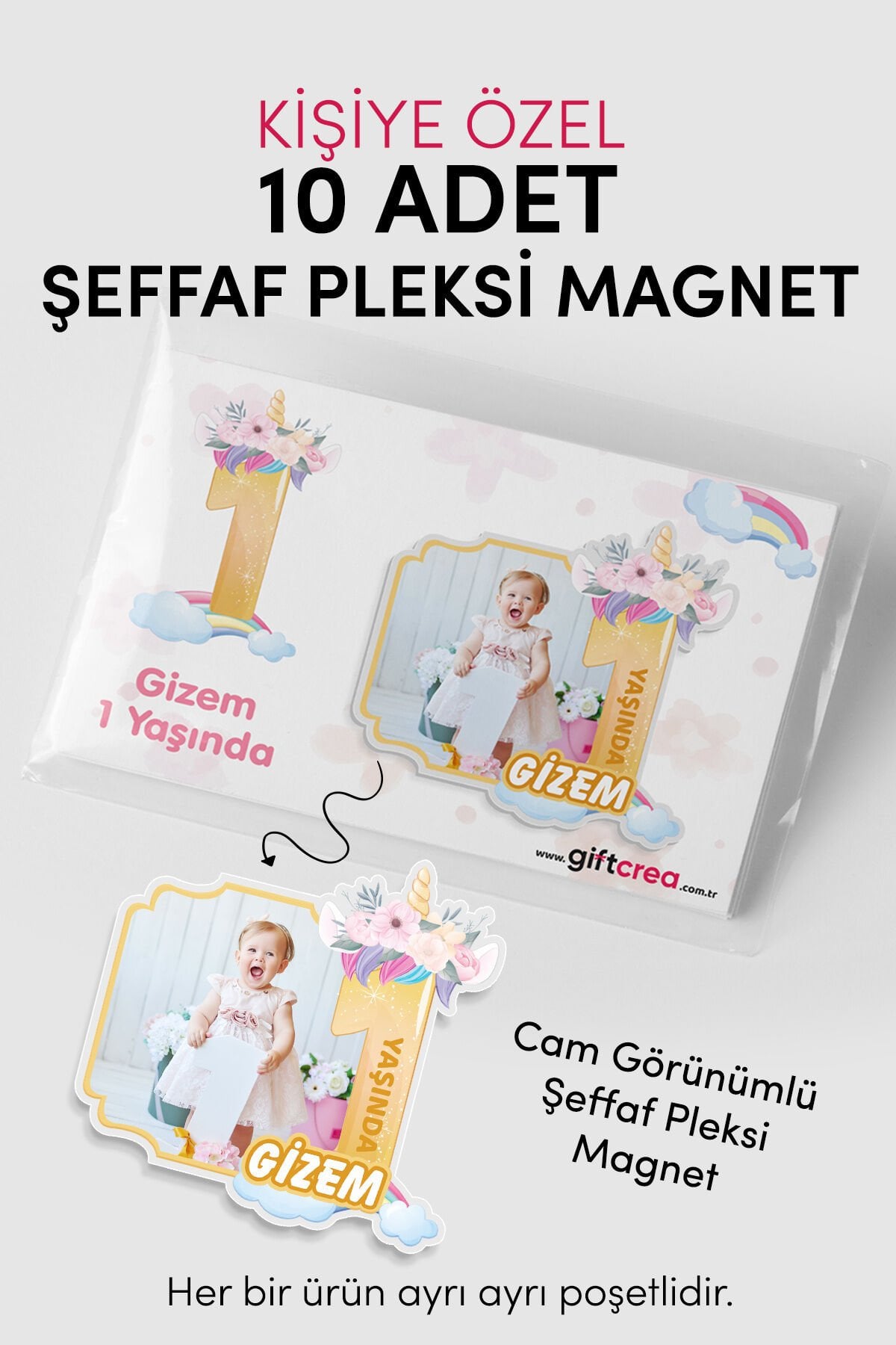 Kişiye Özel Şeffaf Pleksi Magnet – Unicorn Temalı Doğum Günü Hatırası Magnet (Her Yaşa Özel) 10 Adet