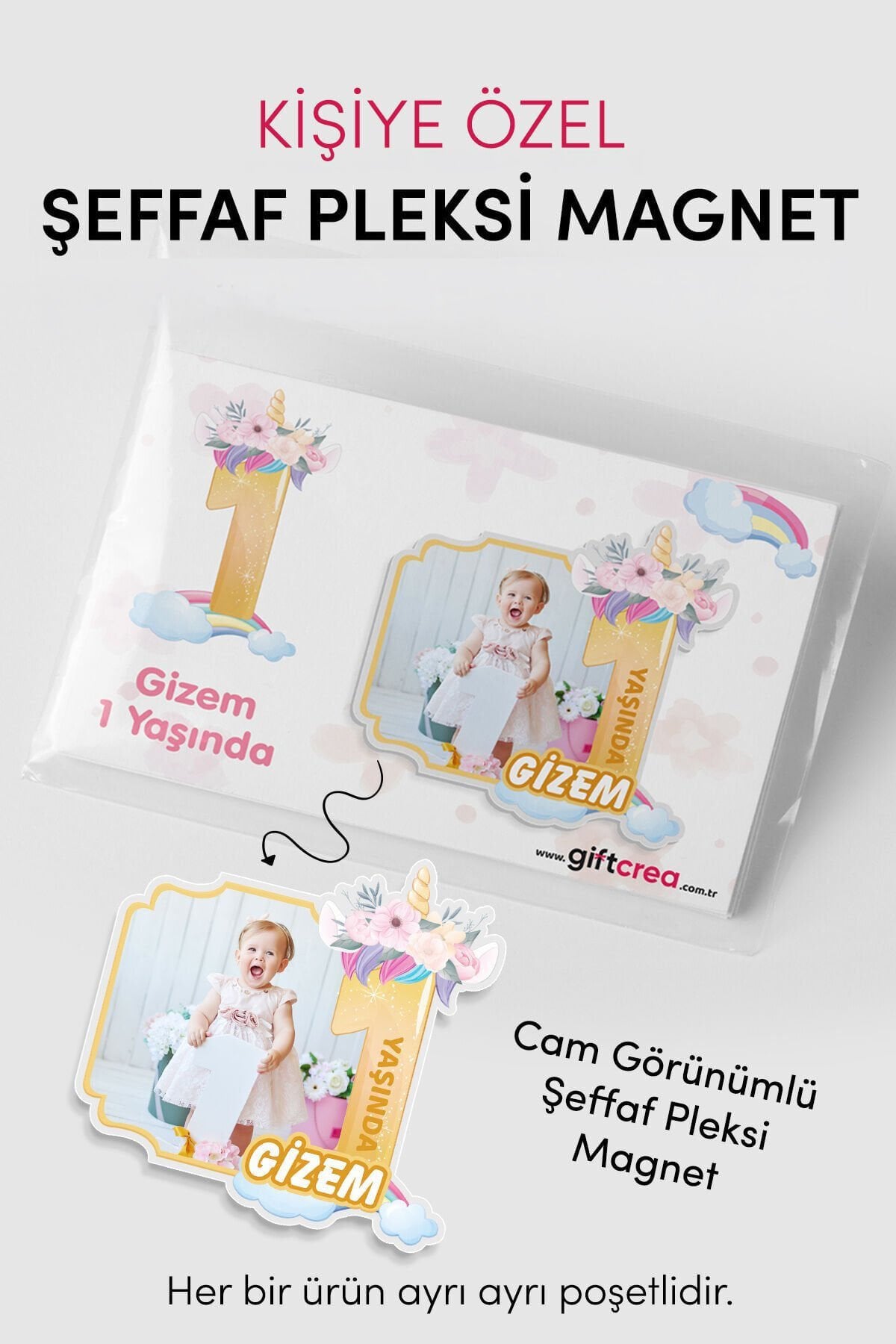 Kişiye Özel Şeffaf Pleksi Magnet – Unicorn Temalı Doğum Günü Hatırası Magnet (Her Yaşa Özel) 30 Adet