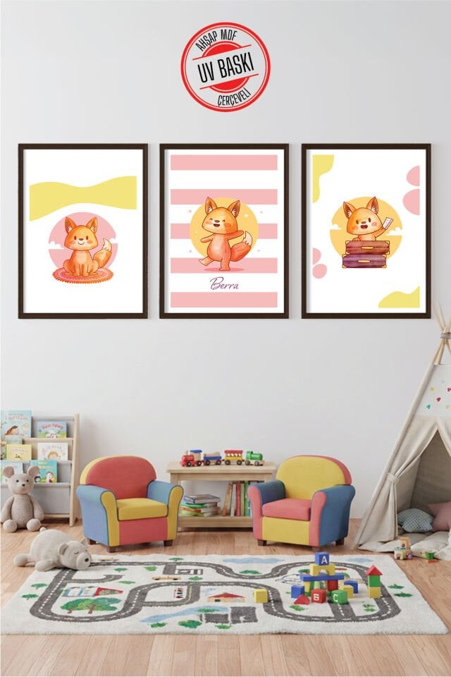 UV Baskılı Çocuk Odası 3'lü Ahşap MDF Tablo Seti - V13 Ahşap - 35x50 cm