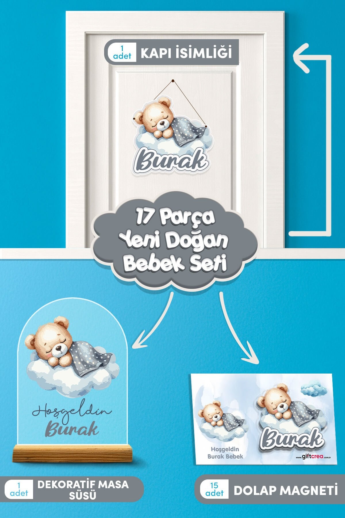 Kişiye Özel Uyuyan Ayıcık Temalı 17 Parça Yenidoğan Süs Seti - Kapı Süsü, Masa Süsü, Magnet Erkek