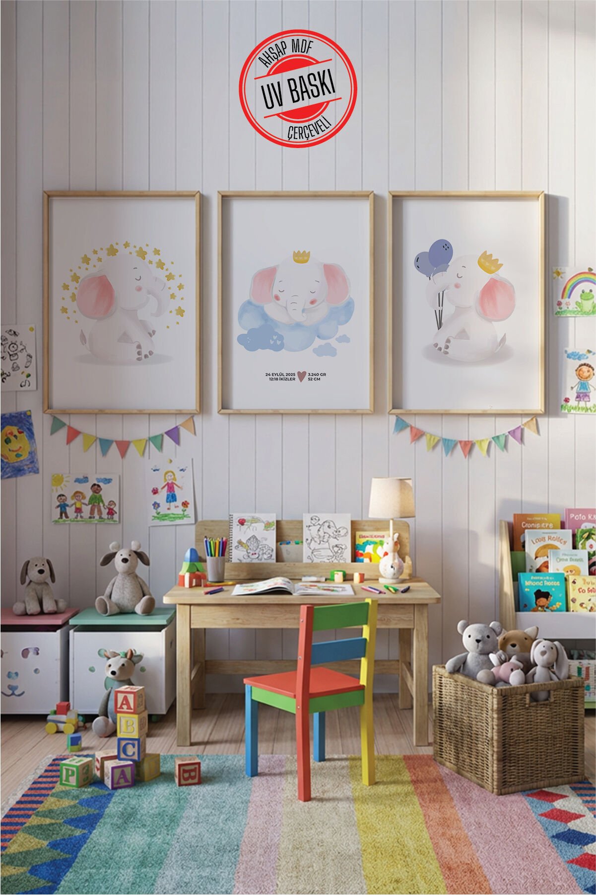 UV Baskılı Çocuk Odası 3'lü Ahşap MDF Tablo Seti - V14 Ahşap - 35x50 cm