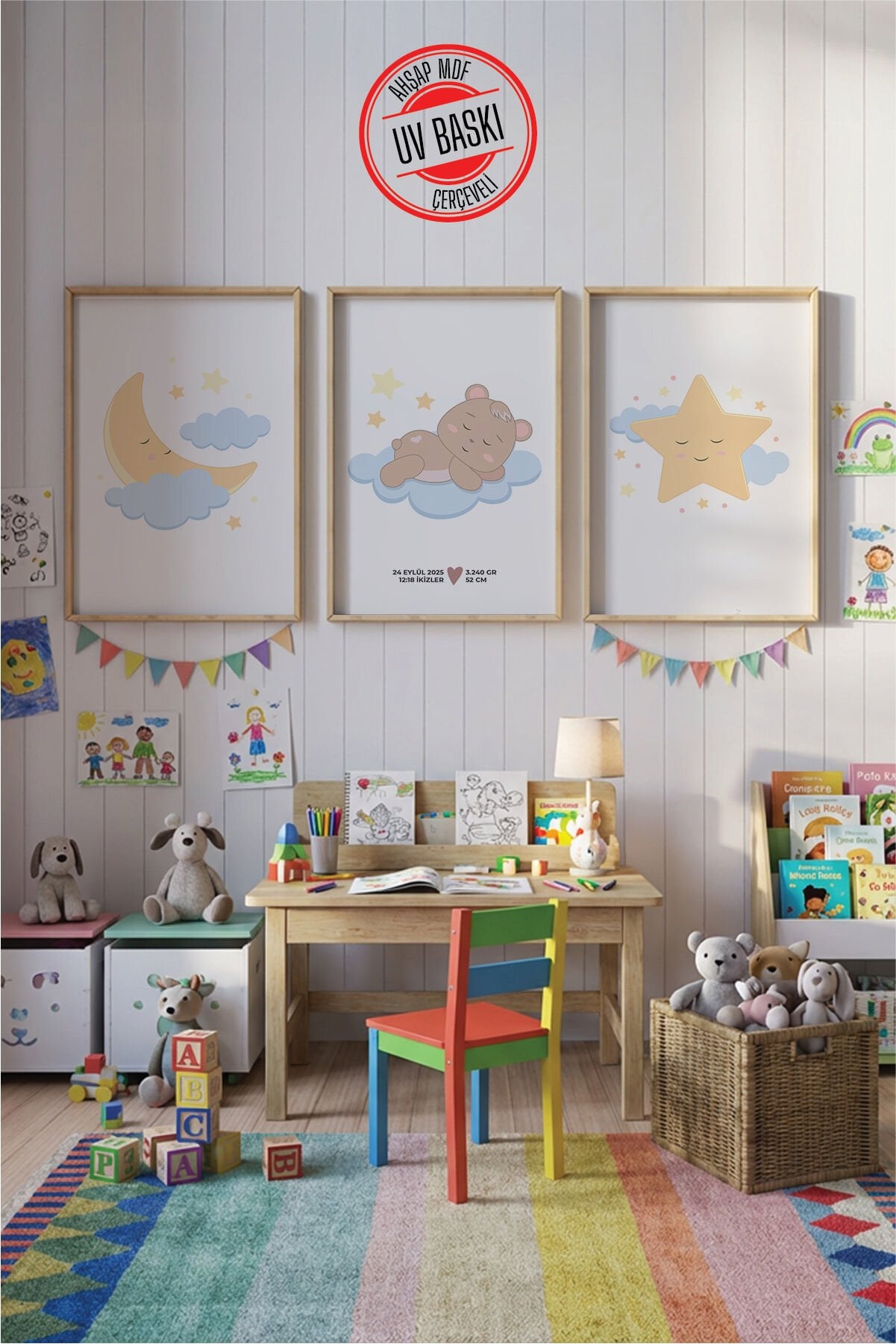 UV Baskılı Çocuk Odası 3'lü Ahşap MDF Tablo Seti - V15