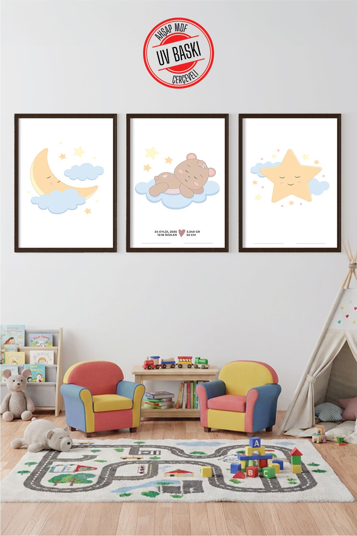 UV Baskılı Çocuk Odası 3'lü Ahşap MDF Tablo Seti - V15 50x70 cm - Siyah