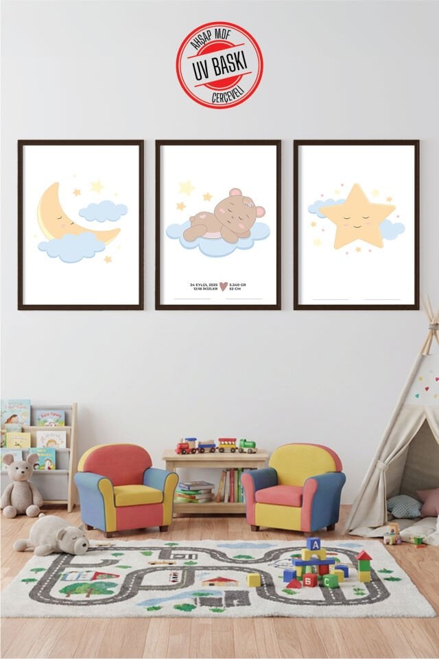 UV Baskılı Çocuk Odası 3'lü Ahşap MDF Tablo Seti - V15 50x70 cm - Siyah
