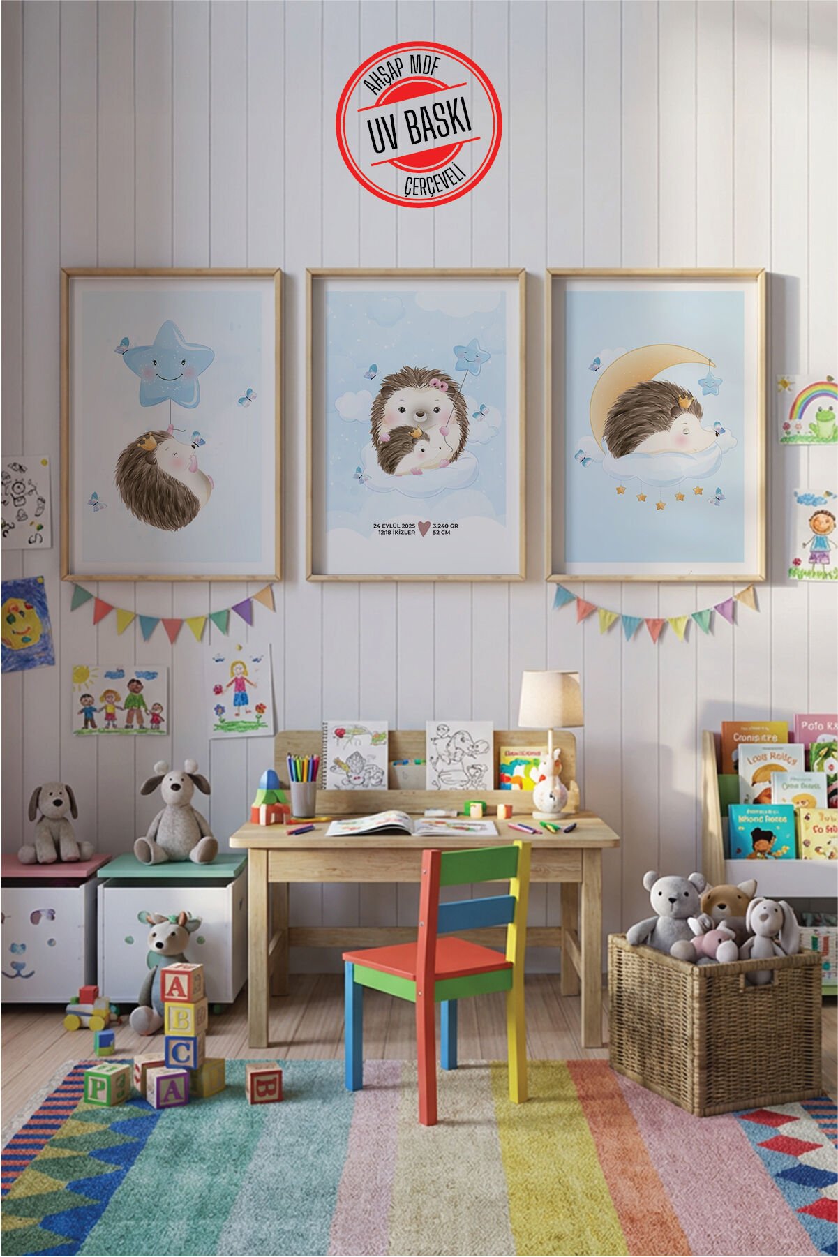 UV Baskılı Çocuk Odası 3'lü Ahşap MDF Tablo Seti - V16