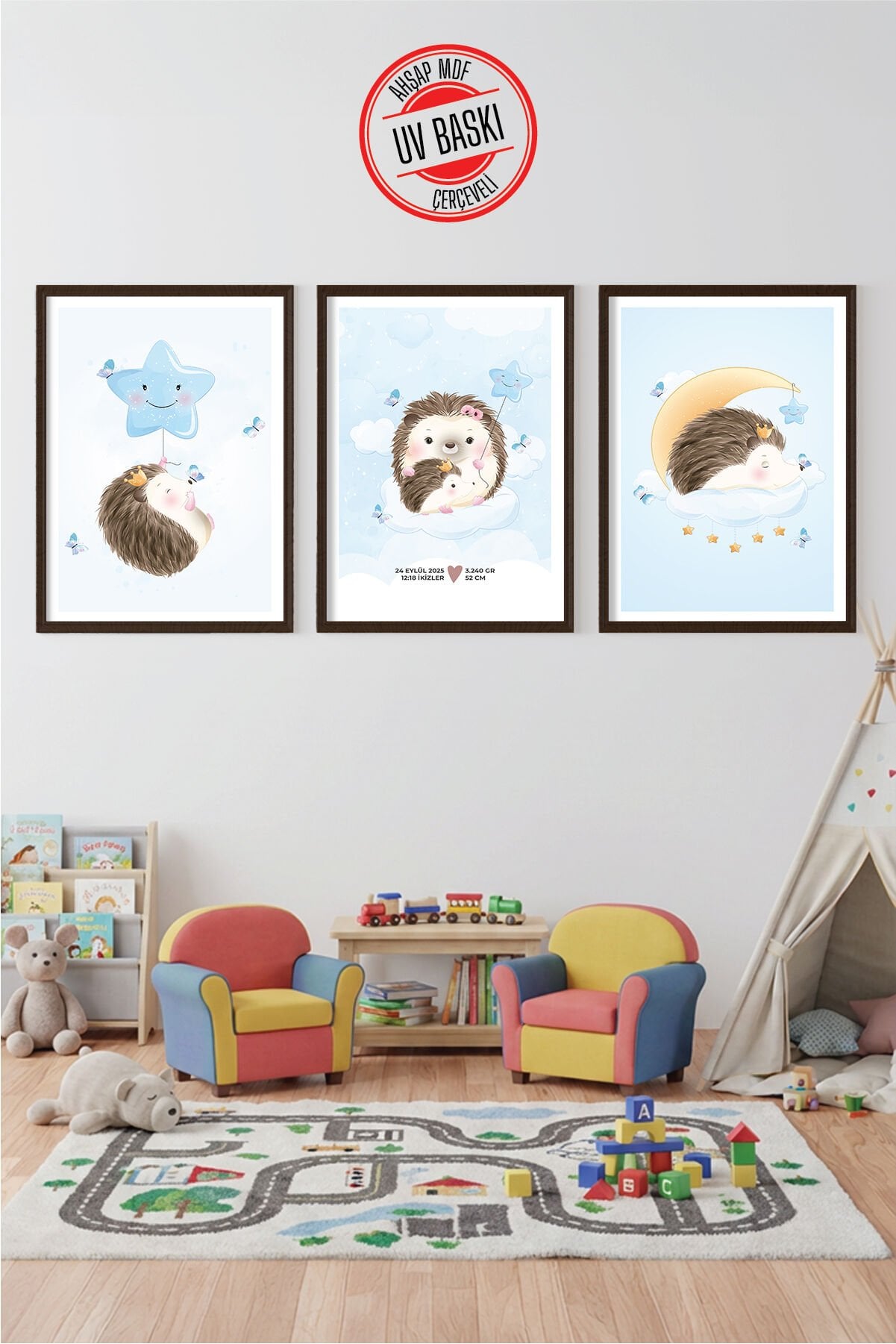 UV Baskılı Çocuk Odası 3'lü Ahşap MDF Tablo Seti - V16 Siyah - 35x50 cm