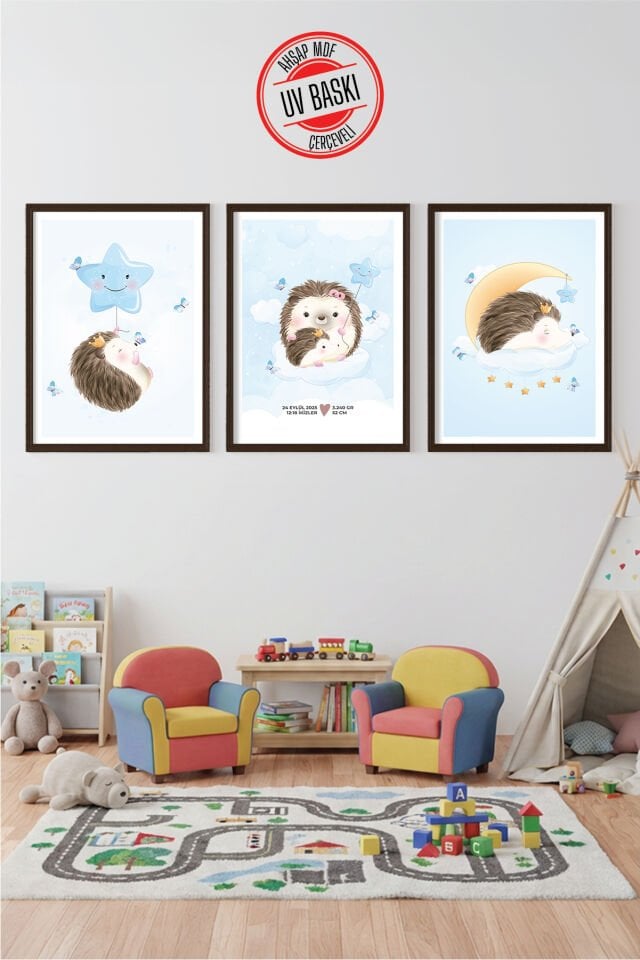 UV Baskılı Çocuk Odası 3'lü Ahşap MDF Tablo Seti - V16 Ahşap - 35x50 cm