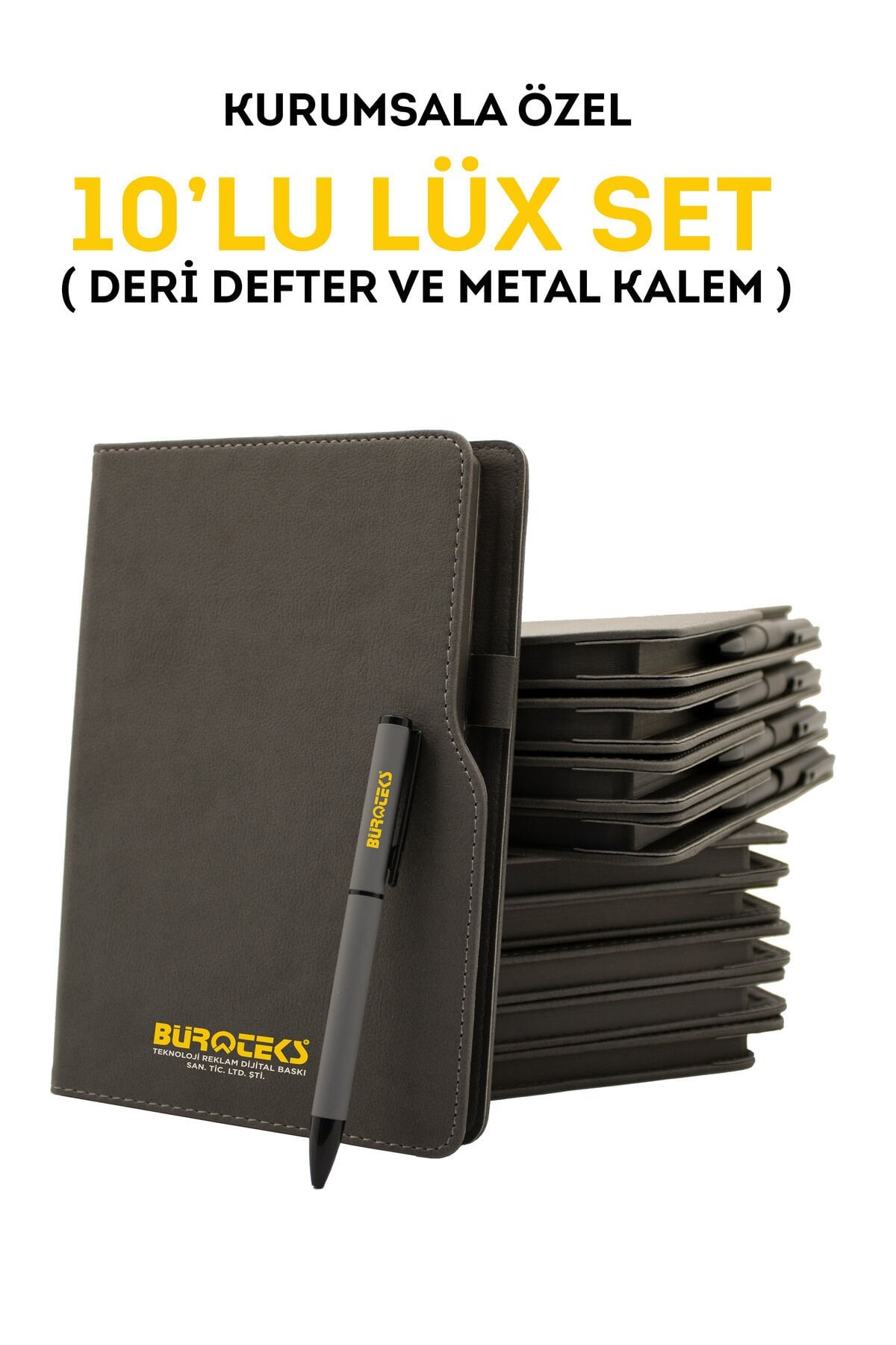 Kurumsal Firmalara Özel Baskılı Özelleştirilebilir, 10'lu Deri Defter ve Metal Kalem Seti