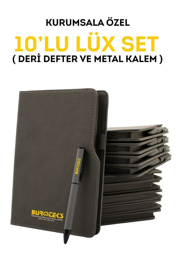 Kurumsal Firmalara Özel Baskılı Özelleştirilebilir, 10'lu Deri Defter ve Metal Kalem Seti