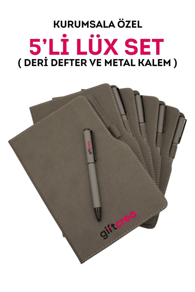 Kurumsal Firmalara Özel Baskılı Özelleştirilebilir, 5'li Deri Defter ve Metal Kalem Seti
