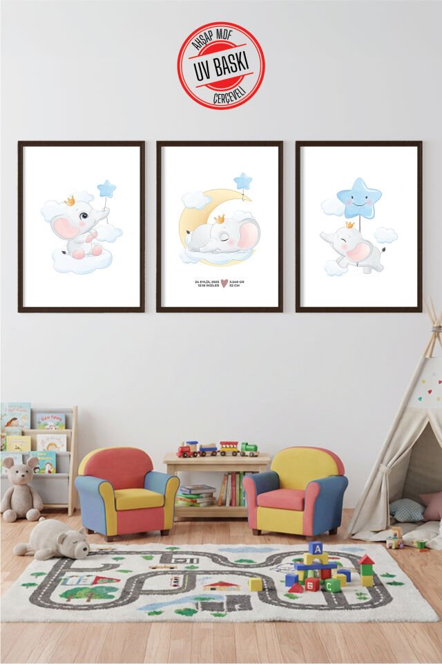 UV Baskılı Çocuk Odası 3'lü Ahşap MDF Tablo Seti - V17 Ahşap - 35x50 cm