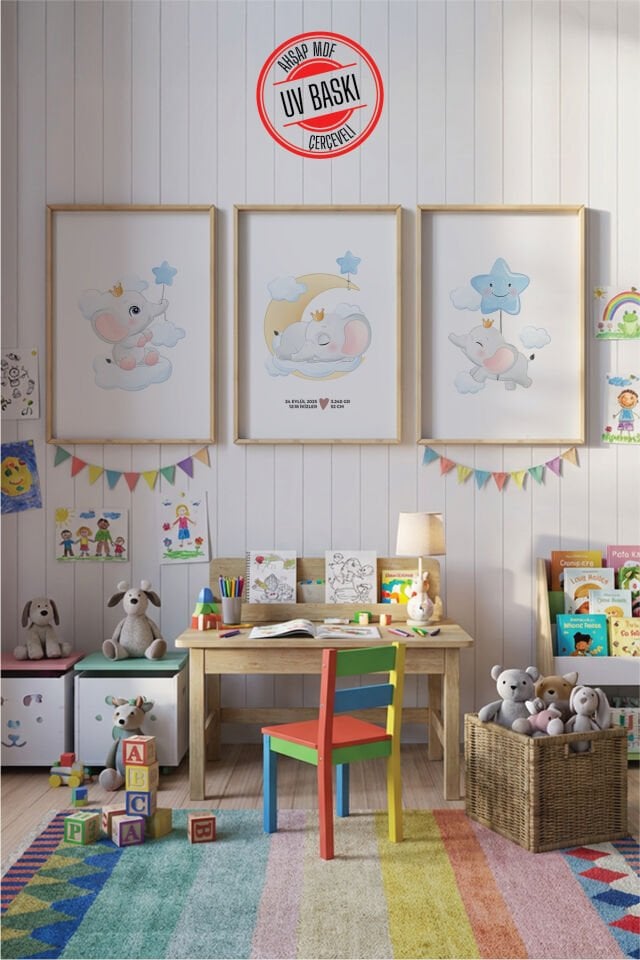UV Baskılı Çocuk Odası 3'lü Ahşap MDF Tablo Seti - V17 Ahşap - 35x50 cm