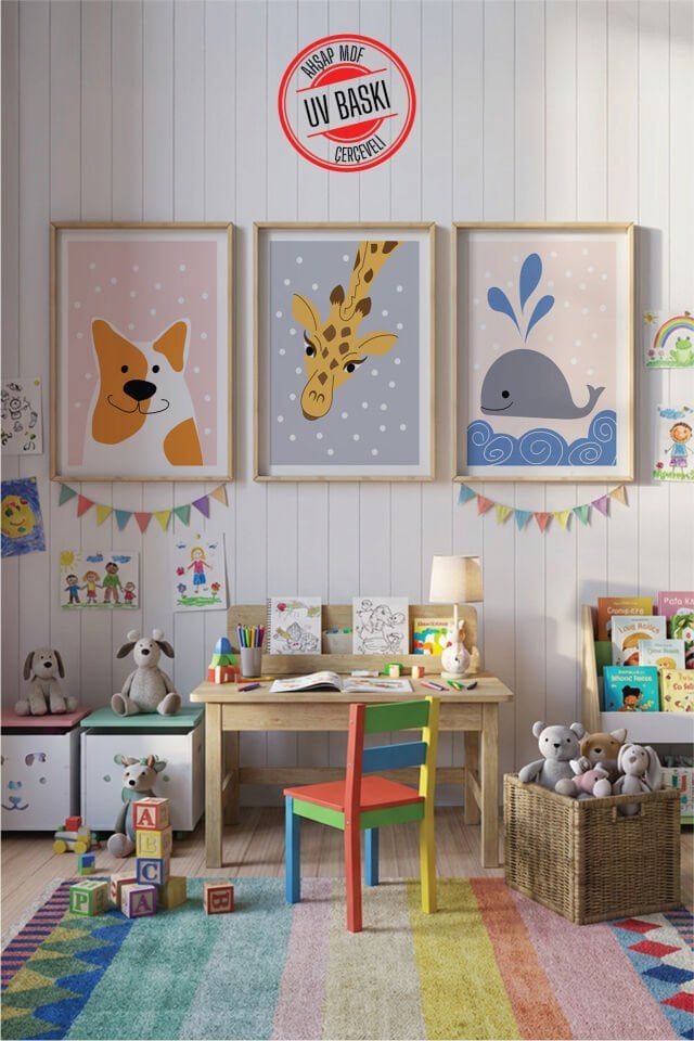 UV Baskılı Çocuk Odası 3'lü Ahşap MDF Tablo Seti - V18 Ahşap - 50x70 cm
