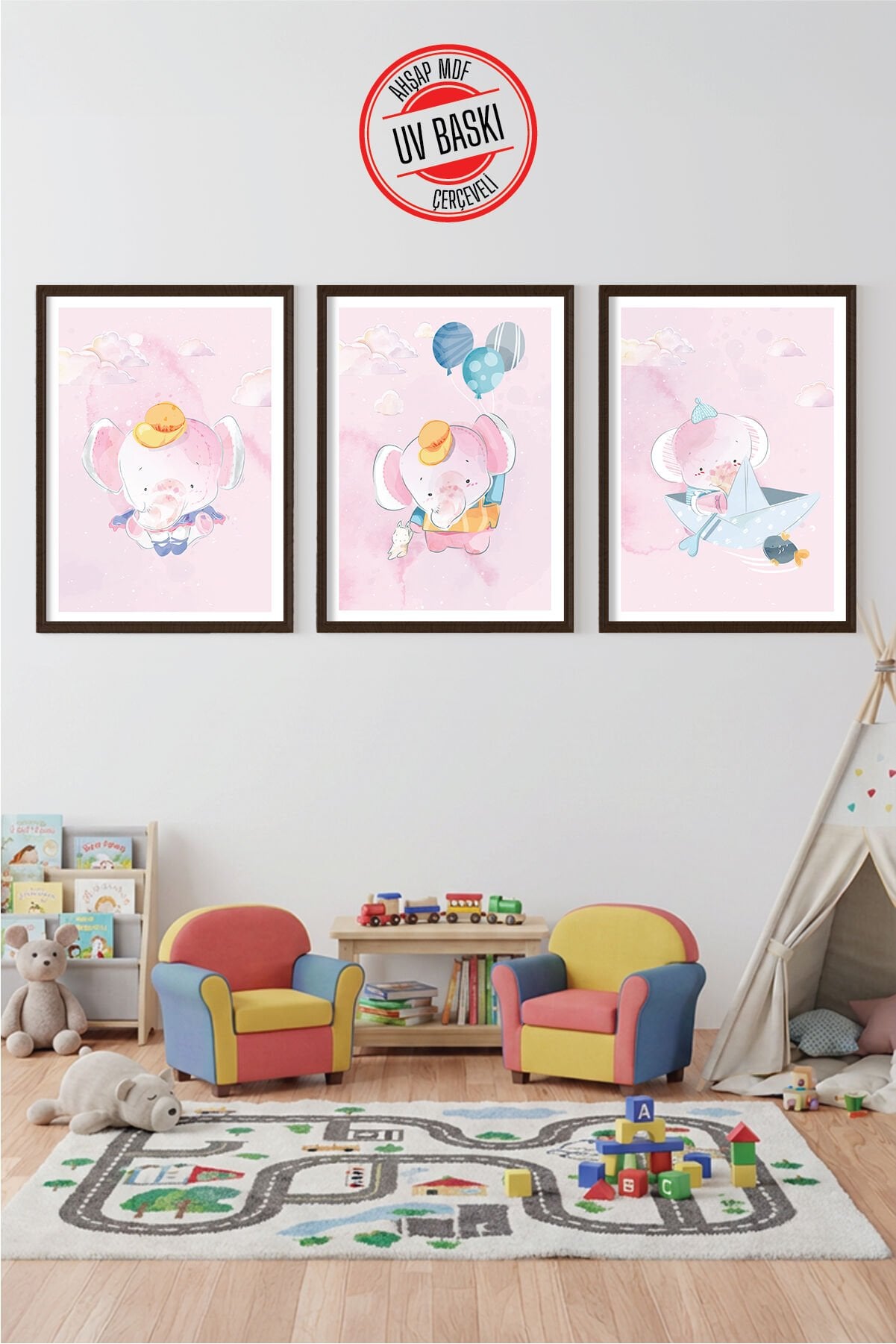 UV Baskılı Çocuk Odası 3'lü Ahşap MDF Tablo Seti - V19 50x70 cm - Siyah