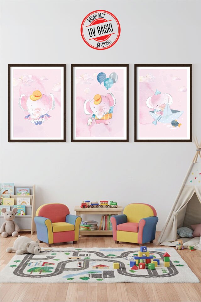 UV Baskılı Çocuk Odası 3'lü Ahşap MDF Tablo Seti - V19 50x70 cm - Siyah