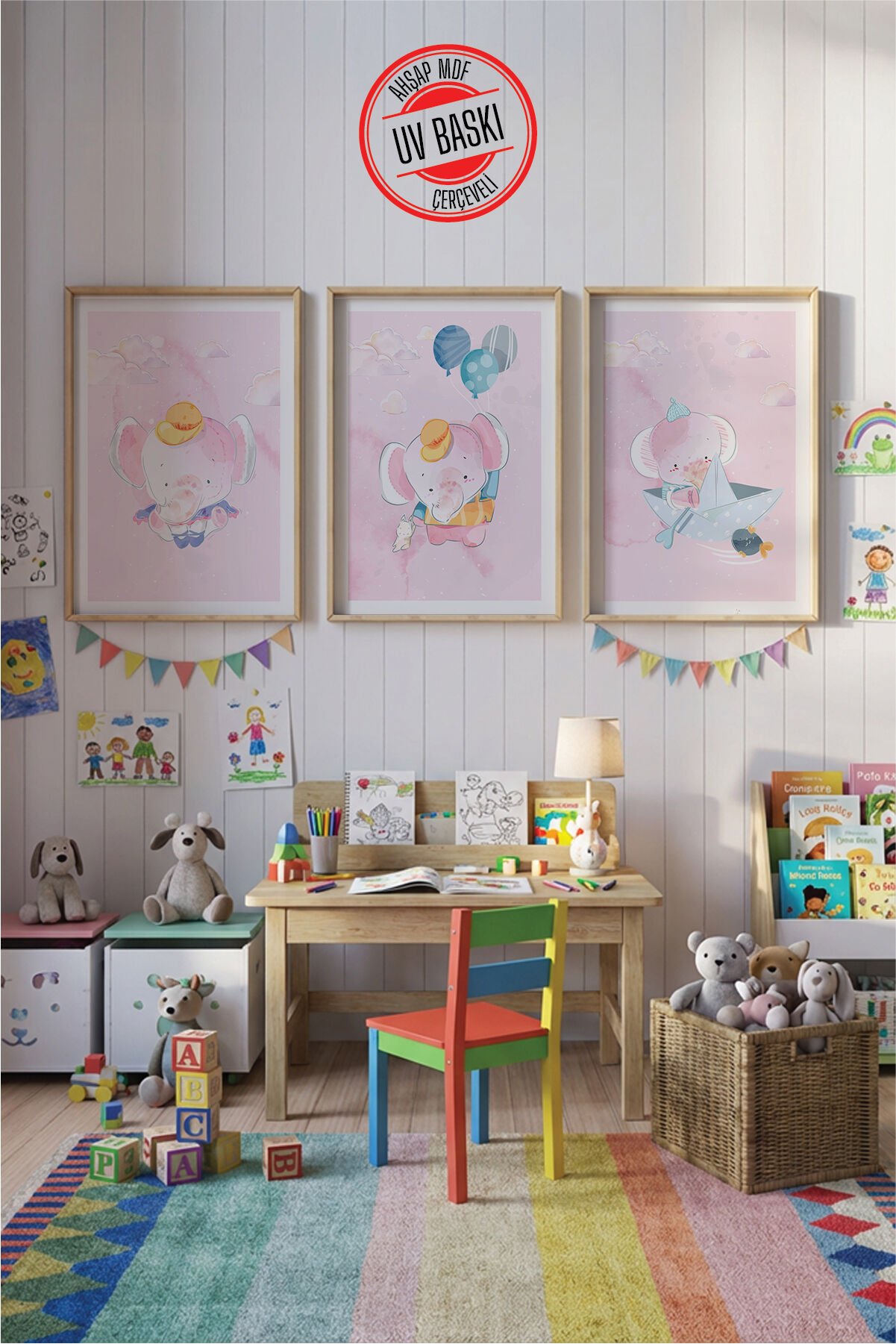 UV Baskılı Çocuk Odası 3'lü Ahşap MDF Tablo Seti - V19 Ahşap - 50x70 cm