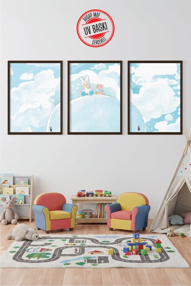 UV Baskılı Çocuk Odası 3'lü Ahşap MDF Tablo Seti - V20 50x70 cm - Siyah