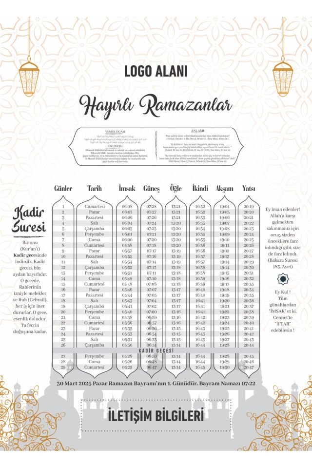 Kurumsal Firmalara Özel Ramazan İmsakiyesi 2026 Kişiselleştirilebilir Dijital Baskılı İmsakiye 300 Adet