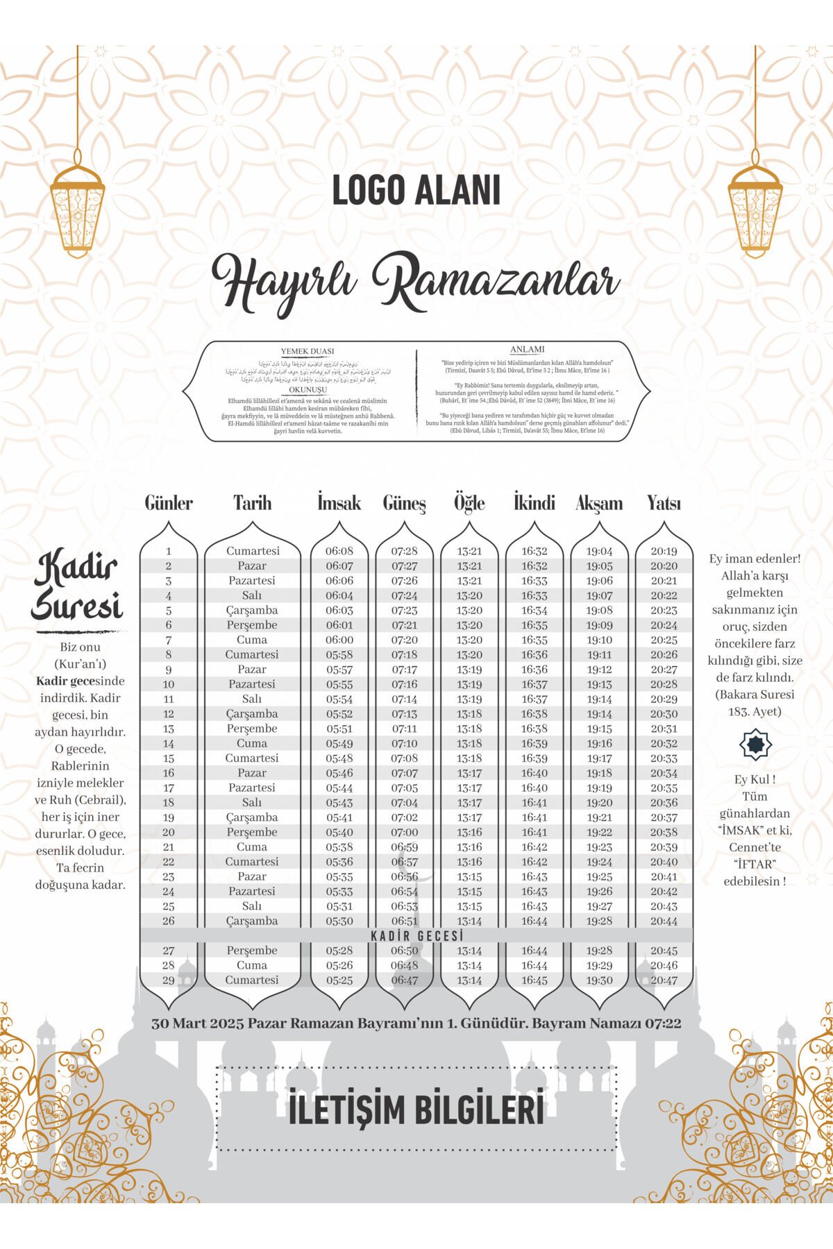 Kurumsal Firmalara Özel Ramazan İmsakiyesi 2026 Kişiselleştirilebilir Dijital Baskılı İmsakiye 200 Adet