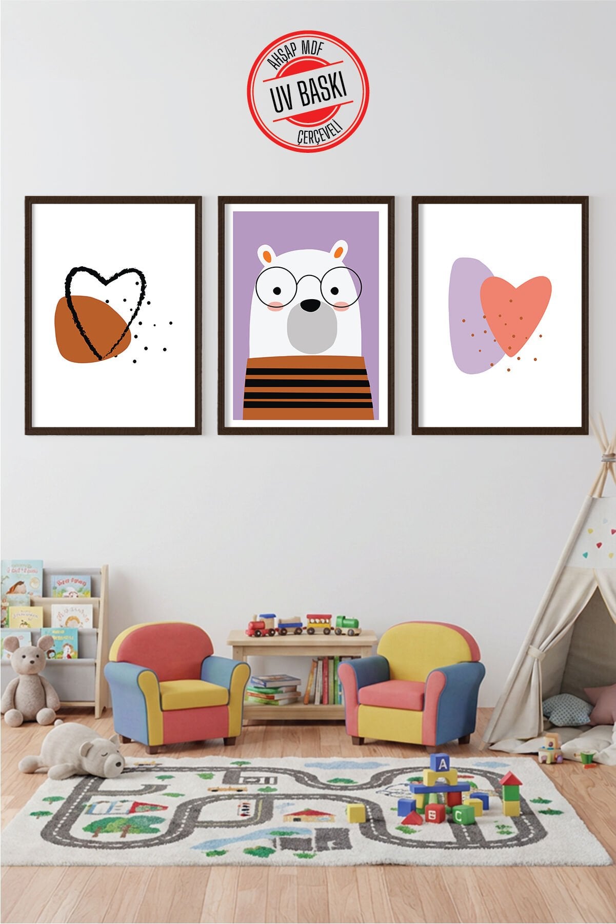 UV Baskılı Çocuk Odası 3'lü Ahşap MDF Tablo Seti - V21 50x70 cm - Siyah
