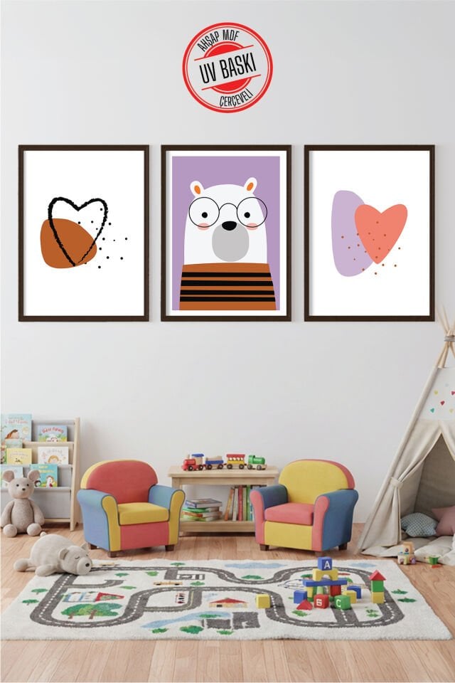 UV Baskılı Çocuk Odası 3'lü Ahşap MDF Tablo Seti - V21 50x70 cm - Siyah